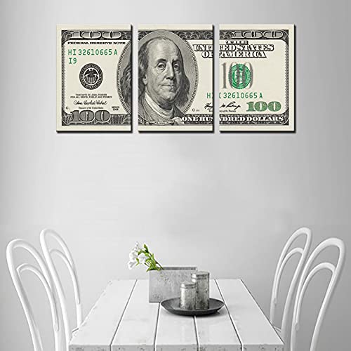 Image of Tucocoo 3 Panels Canvas Wall Art 100 Bill Dollar ​Cash Money Collection，Printing Poster for Home Decor and Office Living Room Artwork Framed Ready to Hang-42 inchX20 inch
