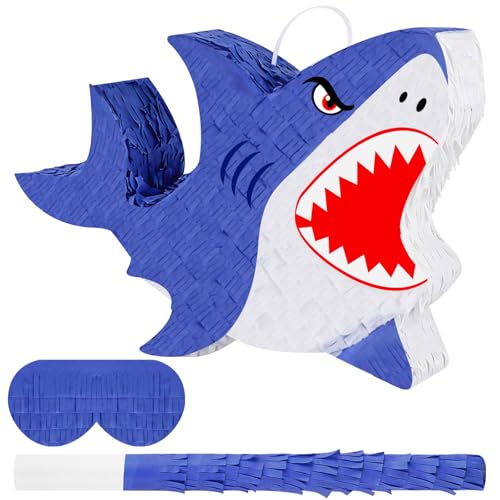 Hooqict Shark Pinata with Blindfold and Bat Stick for Kids Boys Shark Birthday Party Decorations Under The Sea Ocean Theme Party Supplies