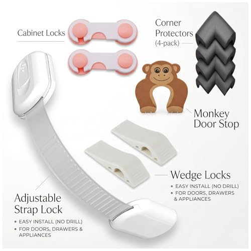 Image of Safe-O-Kid Home Safety Starter Kit | 1 Multipurpose Safety Lock, 2 Smiley-End Locks, 2 Door Stoppers, 4 Corner Protectors & 1 Finger Pinch Guard | Child Safety Essentials for Home - Assorted