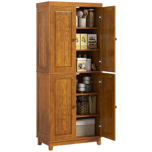 HOMCOM 72.5" Kitchen Pantry Storage Cabinet, Freestanding Kitchen Cupboard with 4 Doors and Adjustable Shelves for Dining Room, Pine Mahogany