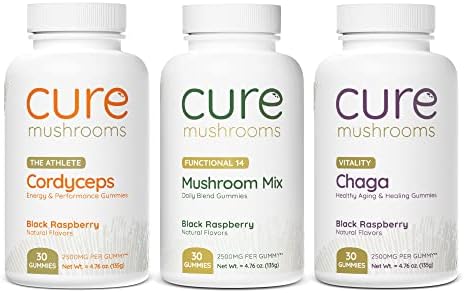 CURE MUSHROOMS The Starter Pack - Cordyceps - Mushrrom Mix- Chaga - Delicious Fruit Gummy