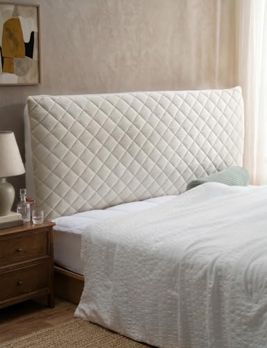 TEXSTEAD Velvet Bed Headboard Cover Slipcover - Stretch Quilted & Thicken Dustproof Protector for Queen/King, Washable Decorative Headboard Cover for Bedroom (Beige, 67x27.5 inch)