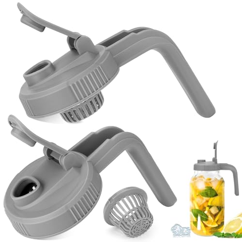 Mason Jar Pour Spout Lid, 2 Pack Wide Mouth Mason Jar Lids with Handle, Plastic Mason Jar Drinking Lids with V-Shaped Pour Spout, Extended Flip Cap, Airtight Leak Proof Seal Cover, Funnel, Gray