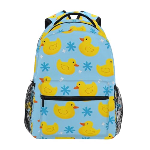 Yellow Duck Blue Flower Backpack for School Boys Girls Adults Kids Bookbag Laptop Bag 18L