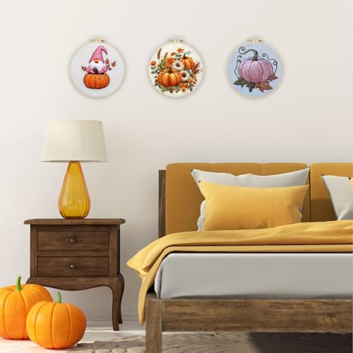 Image of LB Pink Fall Embroidery Kit for Beginners Adults, 3 Sets Hand Embroidery Starter Kit with Gnome Pattern and Instructions Stamped Cross Stitch Kits Include Embroidery Hoop Needles Threads Scissors