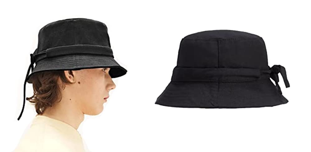 ( Pack of 2 Unisex Black Cotton Bucket hat with self-tie drawstring along back-image-34