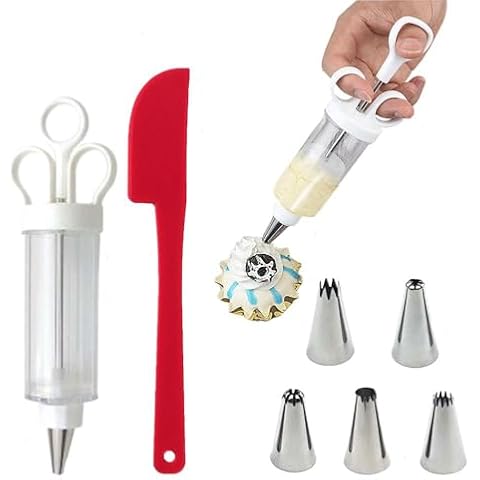 Plastic Cake Decorating Gun Cake Decorating Kit Cupcake Icing Piping Kit with 6 Stainless Steel Piping Tip and A Spatula,Icing Piping Kit for Decorating Cupcakes, Dessert Shells amd Deviled Eggs Cover