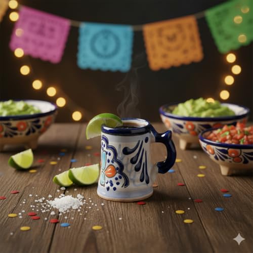 Image of Talavera Shot Glasses Set of 4 Authentic Mexican Tequila Shot Glasses - Hand-painted - 2 Oz (Handle - Blue Floral)