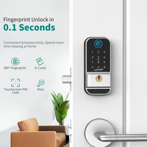 Fingerprint Automatic Door Lock, Uyf Keyless Entry With Keypad, Electronic Digital Front Deadbolt Lock, Biometric Smart Bedroom Locks With Fobs For Home Hotel Apartment Silver #TOP1