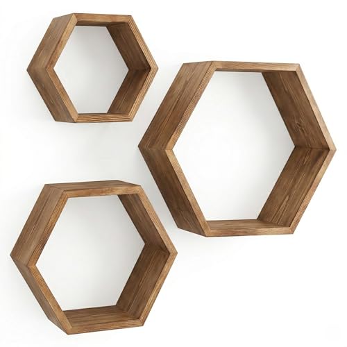 IvoQ – Lot de 3 Étagères Murales Hexagonales en Bois de Pin Naturel | Design Scandinave | Étagères Murales Décoratives pour Salon, Chambre, Cuisine ou Bureau