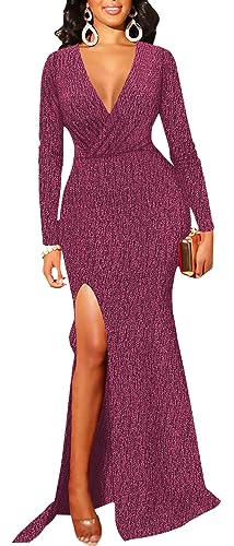 Image of Women's Sexy Long Sleeve Sparkly Maxi Dress V Neck High Slit Wrap Formal Gown Cocktail Glitter Maxi Long Dresses