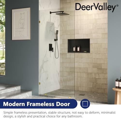 Image of DeerValley 36 inchx78 inch Frameless Shower Glass Panel, Brushed Gold | 3 /8'' Thick Tempered Glass, Stainless Steel Clamps, Reversible Installation, Easy to Clean