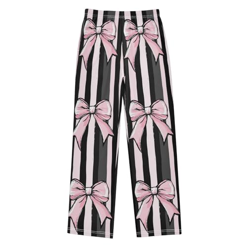 Pajama Bottoms, Ribbon Bow Pink Pajamas Pant Sleep Long Pants Black Striped Lounge Wear Elastic Waist Sleepwear Pjs