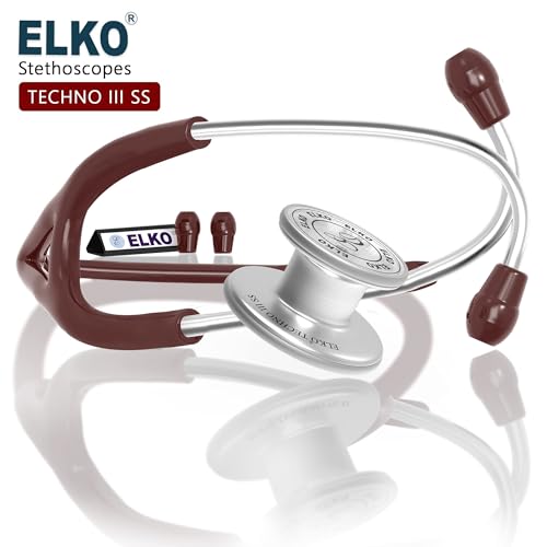 Image of ELKO TECHNO III SS Stainless Steel Stethoscope with ENGRAVING | Engrave Your Name or Initials on the Chest Piece | Lightweight Double-Sided Stainless Steel Chest piece | Two-Way PVC Tubing | Ideal for Doctors & Medical Students (Brown)