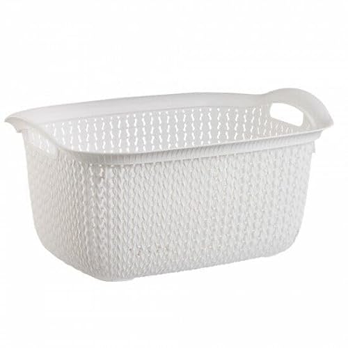 Plastic Laundry Basket Clothes Washing Bin Storage Knitted Hamper Organiser (White, Rectangular)