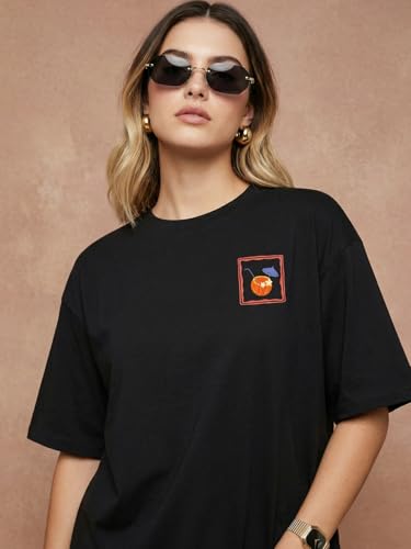 Image of JUNEBERRY Pure Cotton Oversized Drop Shoulder T-Shirt for Women | Front & Back Print, Half Sleeve, Baggy Fit, Round Neck | Sizes S-XXL