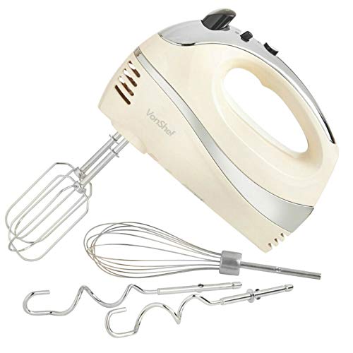 VonShef Hand Mixer Electric Whisk – Food Mixer for Baking with 5 Speeds, 300W, 2 Stainless Steel Beaters, 2 Dough Hooks & Balloon Whisk, Easy Clean, Turbo Boost, Eject Button, Compact – Cream