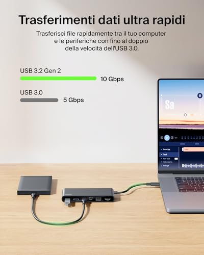 Connect Hub USB C a 8 Porte, Supporta Display con Risoluzioni Fino a 4K a 60 Hz, Funziona con Mac, Windows e Chromebook, 100W PD con Trasferimenti dati di 10Gbps ed Ethernet 2,5 Gbps - Nero - Hub USB - Immagine 5