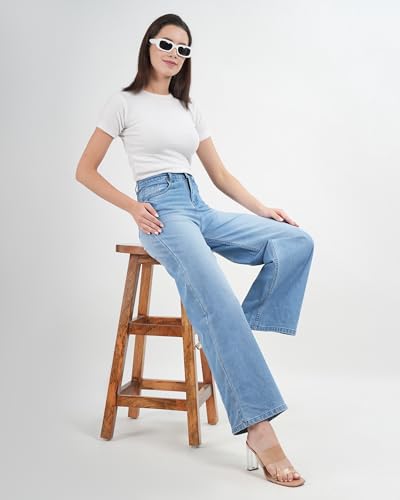 Image of Women's High Waist Wide Leg Jeans, Light Blue Denim, Stretchable Relaxed Fit