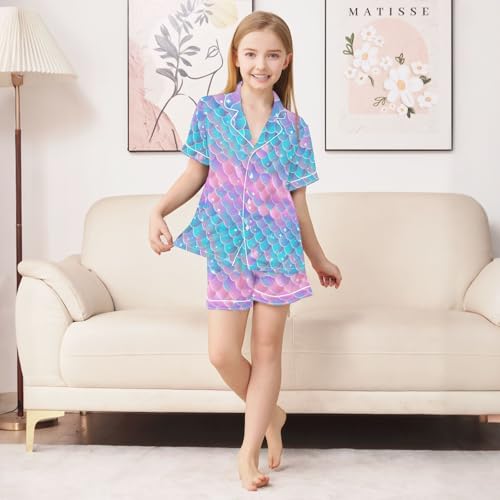 ALAZA Fish Scale Mermaid Blue Pink Satin Pajamas Set Short Sleeve Button Down Sleepwear Summer Pjs 2 Piece3