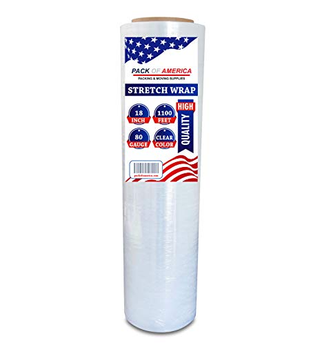 Pack of America Stretch Film - 1 Roll Clear, 18” x 1100 Feet, 80 Gauge (20 Micron) Industrial Heavy Duty Plastic Shrink Wrap and Dispenser for Packing, Shipping, Pallet, Moving Supplies