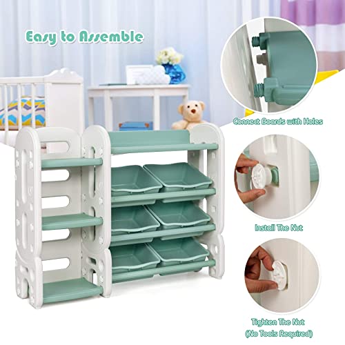 Costzon Kids Bookshelf With Toy Organizers And Storage, Multi-Purpose 4-Tier Shelf & 6 Removable Plastic Bins To Organize Books Toys, Toddler Bookcase For Playroom, Bedroom, Daycare, Nursery (Green) #TOP3