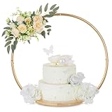 Hanobe Gold Cake Stand for Wedding: 11.7 Inch Round Arch Cupcake Display Stands with Wood Base Decorative Metal Hoop Centerpiece Decor for Party Birthday Baby Shower