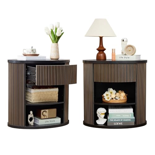 affeivul Fluted Round End Table with Storage Set of 2, Mid Century Modern Side Table with Drawer and Open Shelf, Small Night Stand Table for Dorm, Bedroom, Sofa Side Table for Living Room - Black