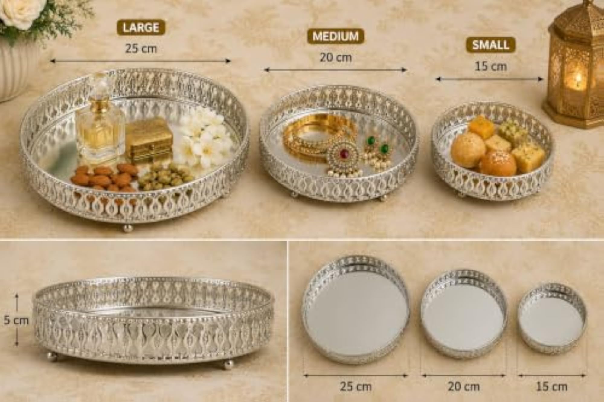German Silver Round Decorative Tray Set of 3