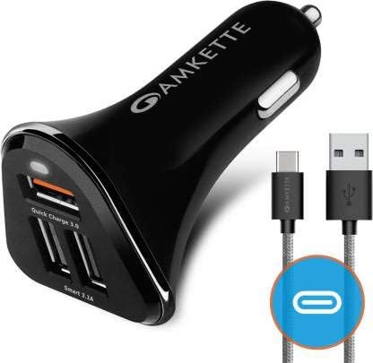 Amkette PowerPro 3 Port Fast Car Charger with SmartFlux Technology, 60w Type C Braided Cable | QC 3.0 | Supports Type C, Micro USB and iOS Devices | 1 Year Warranty | Black