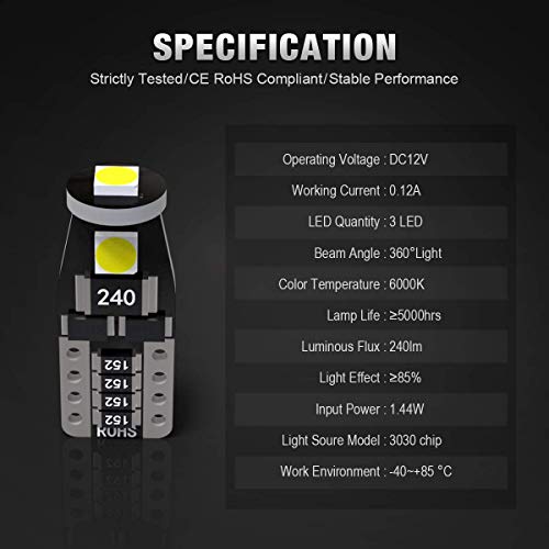 image for KAFEEK 20x T10 Wedge 194 168 2825 W5W LED Bulbs, Super Bright 3-3030 C