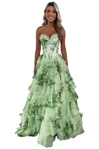 Fair Lady Strapless Prom Dresses for Women Long Corset Tiered Ruffle Chiffon Formal Evening Party Gowns with Slit