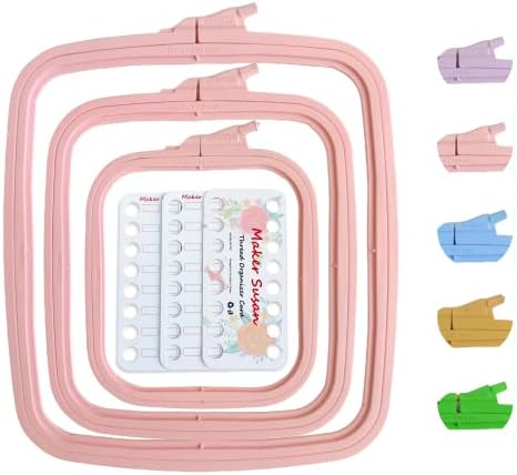Nurge Pink Square Embroidery Hoops 3 Sizes Set, Cross Stitch Hoops, Punch Needle Hoop with Maker Susan Thread Floss Organizer Cards (3 Pcs Set, Pink 3pcs Set)