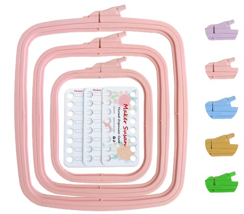 Nurge Pink Square Embroidery Hoops 3 Sizes Set, Cross Stitch Hoops, Punch Needle Hoop With Maker Susan Thread Floss Organizer Cards (3 Pcs Set, Pink 3Pcs Set) #TOP1