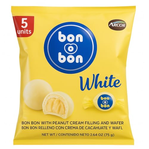 Bon o Bon Original Peanut Cream Filled Chocolate Bonbons - 5 Units Pack - Creamy Peanut Center, Smooth Chocolate Coating, Individually Wrapped Candy, Imported Snack Treat (White-Chocolate)