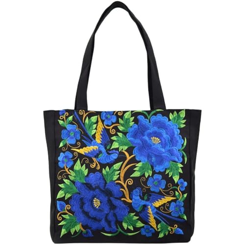 Ethnic Style Embroidery Shoulder Bag Handbag Retro Peony Tote Shopping Bag Large Capacity Literary Canvas Bag Crossbody Hobo Crossbody Bag for Women