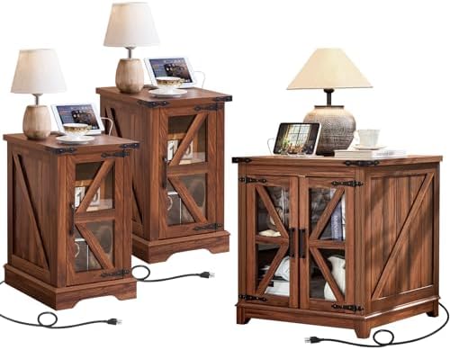 Joaxswe End Table Set 3 with Charger Station, Farmhouse 18'' Narr...