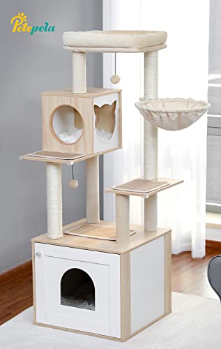 Petepela Modern Cat Tree Wood Cat Tower With Storage Cabinet Litter Box Enclosure And Spacious Cat Condo, Large Top Perch And Hammock, Sisal Covered Scratching Posts For Cats Beige #TOP6