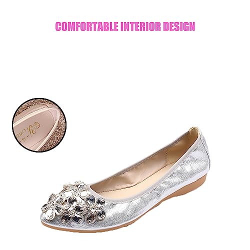 Traveltopp Women's Fashion Rhinestone Ballet Flats Foldable Comfortable Pointed Toe Slip-on Loafers Work Walking Bridal Dress Shoes4