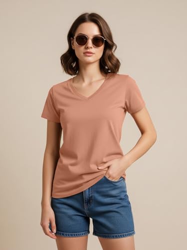 Image of JUNEBERRY Cotton Lycra Regular Fit V- Neck Solid Core Half Sleeves T-Shirt for Women & Girls (Colors Available: Black, Green, Magenta, Blue, Orange & Limeade)