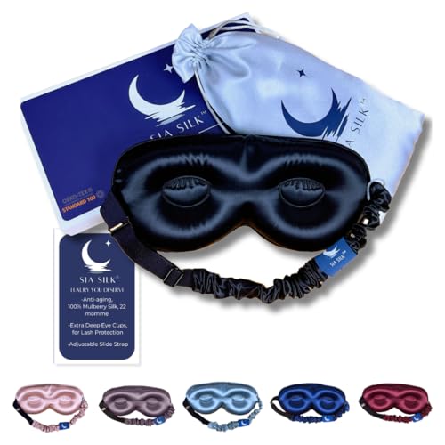 Sia Silk Sleep Mask with Deep Eye Cups, 100% Mulberry Silk, Total Blackout, Adjustable Strap, Luxury Eye Mask for Beauty Rest for Men and Women