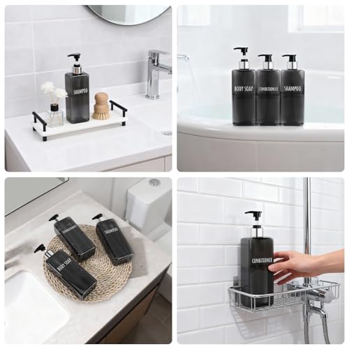 Image of Segbeauty 16.9oz Empty Black Hand Soap Dispensers, 3pcs Large Plastic Lotion Pump Bottle, Refillable Square Pump Bottles for Shampoo and Conditioner, 500ml Pre-printed Bathroom Body Wash Gel Container