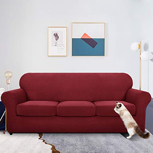 Maxijin Copridivano Elasticizzato A 3 Posti Con 3 Copricuscini, Copridivano Antiscivolo A Tre Posti Con Copricuscino Separato Per Animali Domestici, Cani (3 Posto, Rosso) - 2