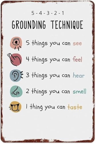 Anxiety Coping Skill Metal Sign 5 4 3 2 1 Grounding Technique Aluminum Wall-Art for Home Office Mental Health (8 X 12 in)