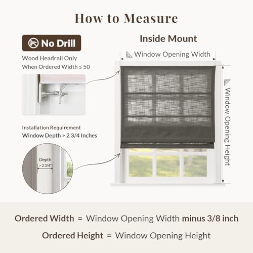 Image of TWOPAGES Liz No Drill Cordless Roman Shades Linen Textured Roman Blinds for Windows, Custom Made Room Darkening Blackout Roman Window Shades, Hardware Included, Ebony, 1 Piece