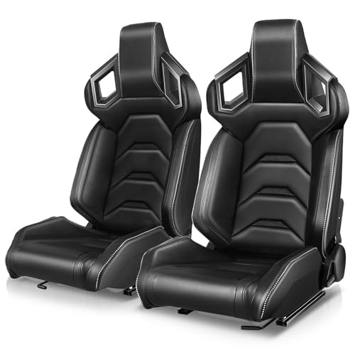 Auto Dynasty Pair of Racing Seat Universal Vinyl Leather Carbon Fiber Reclinable Bucket Seats with Bottom Mount Sliders, 37" H x 20.5" W x 23" D, Driver and Passenger Side, Black