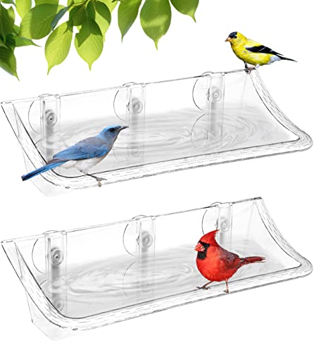 Mokeyder Clear Bird Bath Bird Feeder for Outside Window Glass, Transparent Birdbath with Strong Suction Cups for Viewing, Bird Watching Gifts for Elderly Parents, 2 Packs