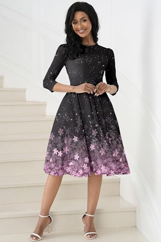 Image of Runwind Vintage Dress for Women - 3 /4 Sleeve Casual A-Line Wedding Guest Cocktail Dress with Pockets