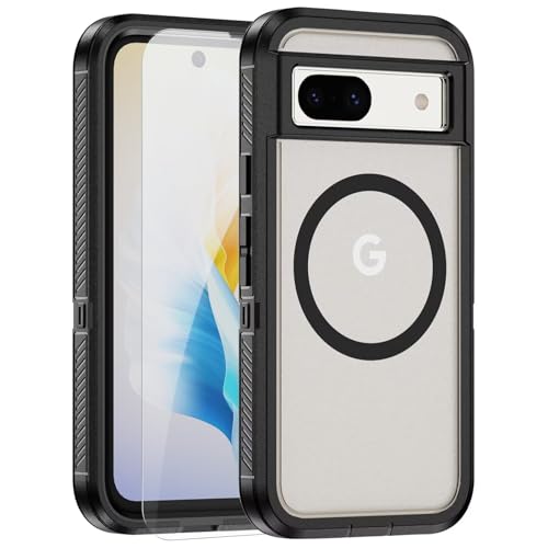 YANJIEER ESONG Magnetic Case for Google Pixel 8A,Compatible with MagSafe,Military Grade Shockproof Hard PC Rugged Bumper Protective Phone Cover with 1 Tempered Glass Screen Protectors,Black+Clear