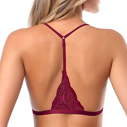 SHEKINI Women's Lace Bralette Sexy Triangular Bra Front Fastening with Removable Pads Backless Bras Plus Size, Wine Red, M